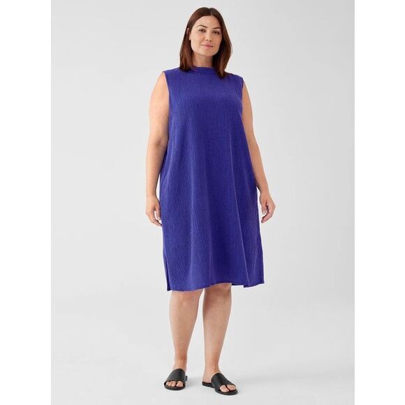 Eileen Fisher Women's $178 Woven Plissé Mock Neck Dress royal size 3X - Picture 1 of 11